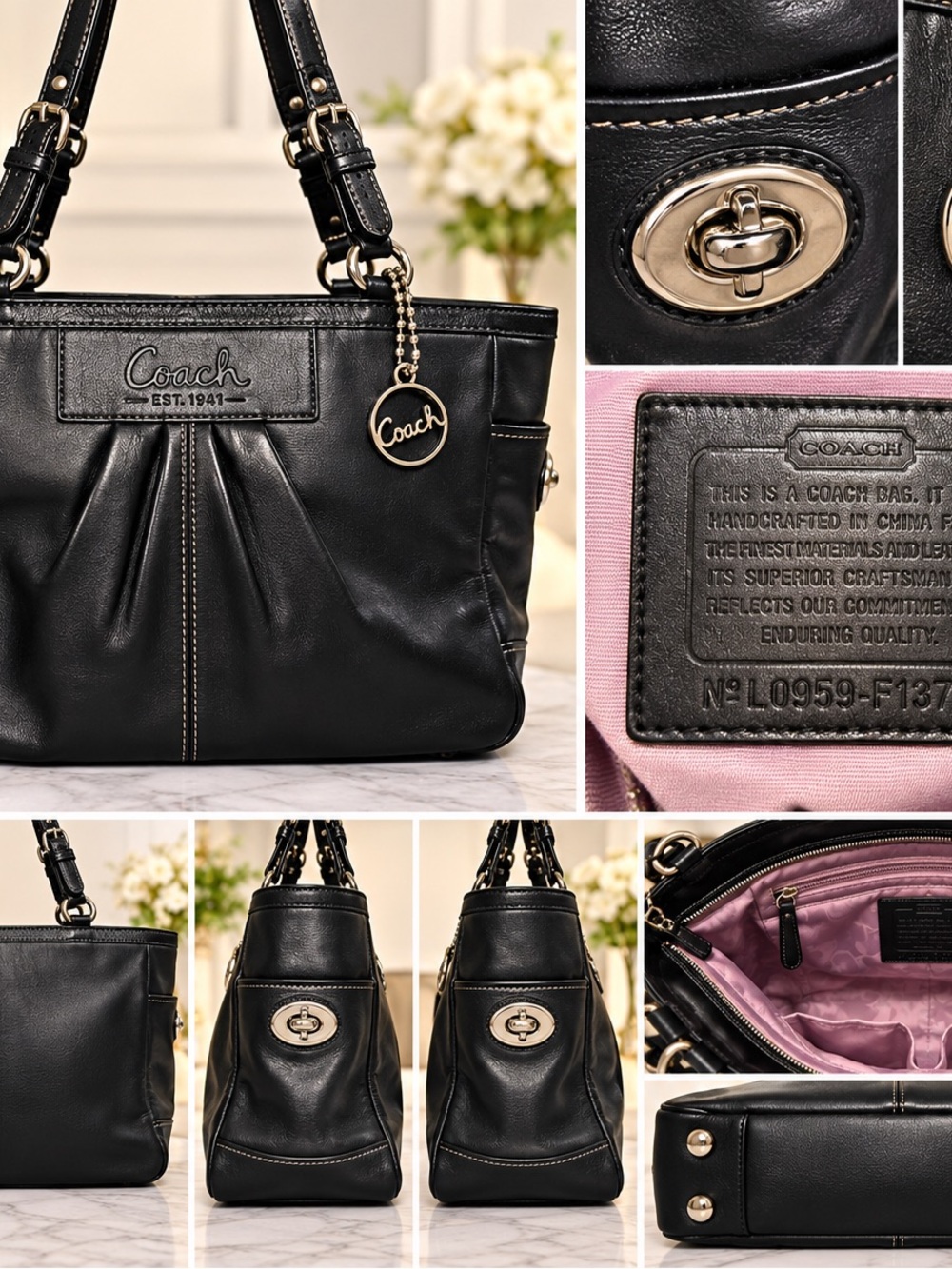 Coach F13759 Black Leather Pleated Tote Bag Silver Turnlock Hangtag